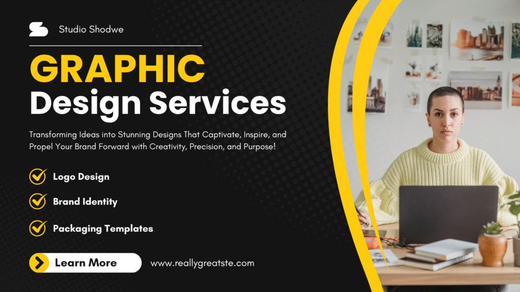 Graphic Design Services promotional banner featuring a designer at a desk and service highlights like logo design, brand identity, and packaging templates.