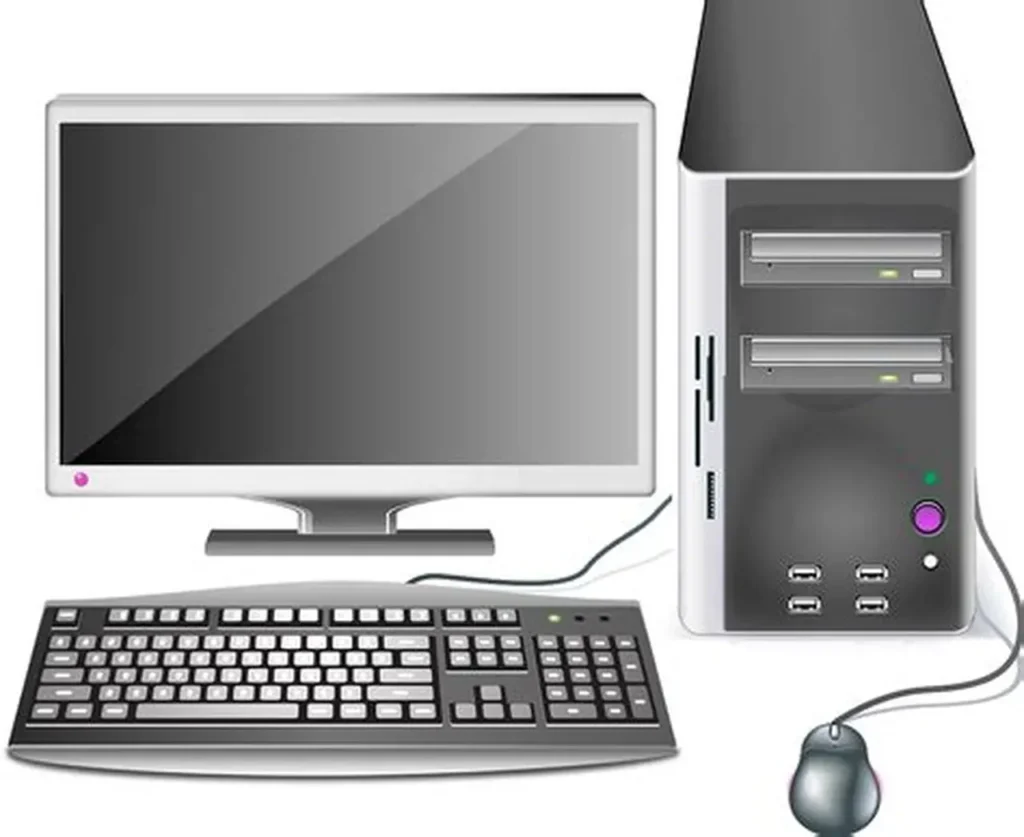 "Desktop computer setup with monitor, keyboard, CPU tower, and mouse"