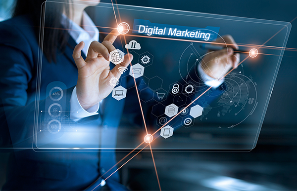 Business professional interacting with a virtual interface labeled "Digital Marketing", with futuristic data and technology icons.