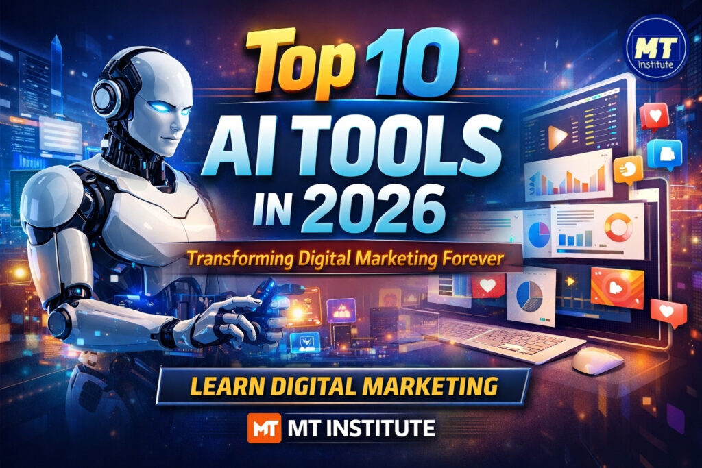Top 10 AI tools in 2026 for digital marketing with futuristic AI technology illustration